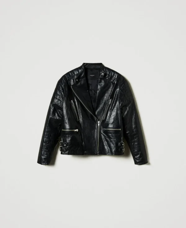 blouson_motard_fairfax_en_1.webp Blousons Et Doudounes*TWINSET Milano Blouson Motard «Fairfax» En Cuir Noir