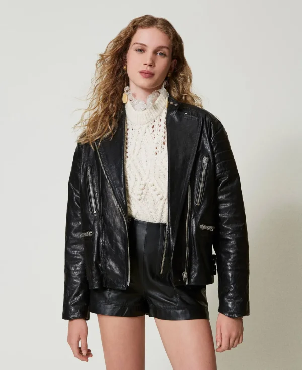 blouson_motard_fairfax_en_2.webp Blousons Et Doudounes*TWINSET Milano Blouson Motard «Fairfax» En Cuir Noir