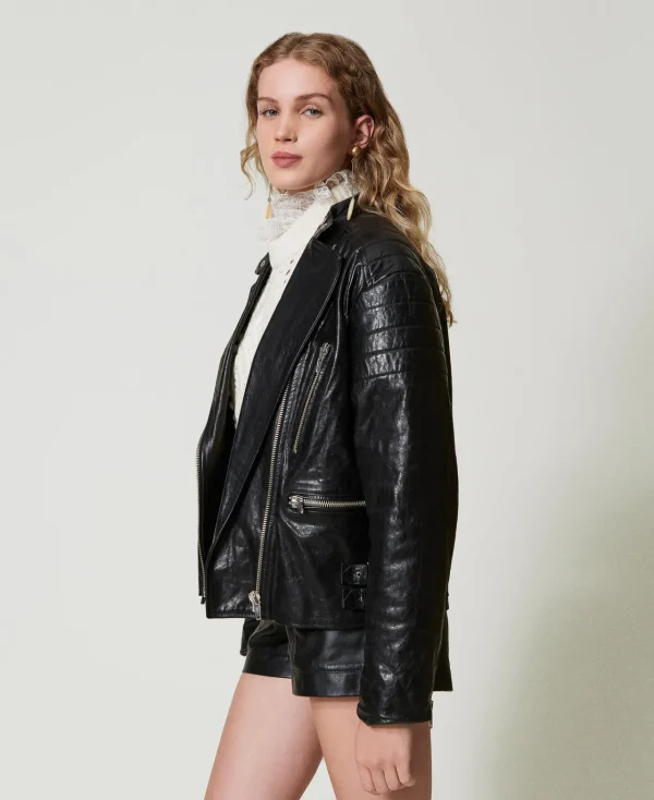 blouson_motard_fairfax_en_3.webp Blousons Et Doudounes*TWINSET Milano Blouson Motard «Fairfax» En Cuir Noir
