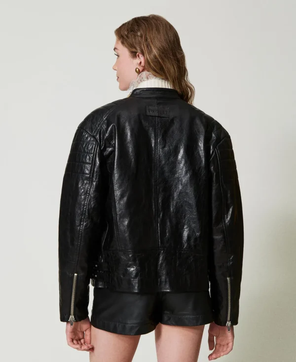 blouson_motard_fairfax_en_4.webp Blousons Et Doudounes*TWINSET Milano Blouson Motard «Fairfax» En Cuir Noir