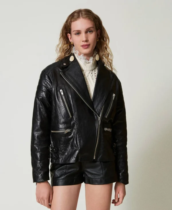 blouson_motard_fairfax_en_5.webp Blousons Et Doudounes*TWINSET Milano Blouson Motard «Fairfax» En Cuir Noir