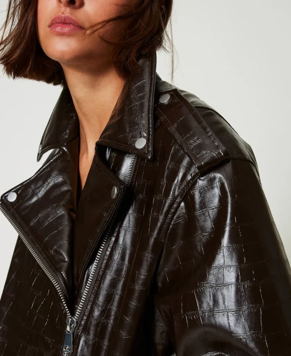 blouson_perfecto_avec_imp_0.webp Blousons Et Doudounes*TWINSET Milano Blouson Perfecto Avec Imprimé Animalier Marron « Molè »