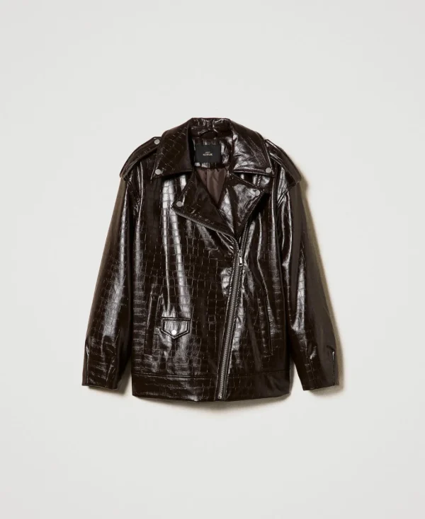 blouson_perfecto_avec_imp_1.webp Blousons Et Doudounes*TWINSET Milano Blouson Perfecto Avec Imprimé Animalier Marron « Molè »