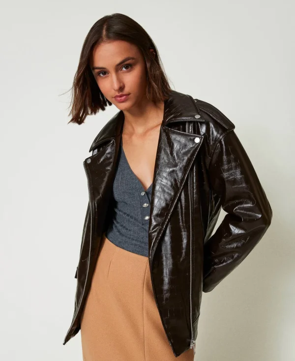 blouson_perfecto_avec_imp_2.webp Blousons Et Doudounes*TWINSET Milano Blouson Perfecto Avec Imprimé Animalier Marron « Molè »