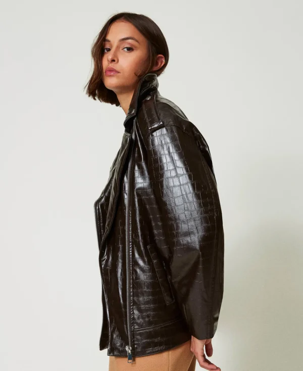 blouson_perfecto_avec_imp_3.webp Blousons Et Doudounes*TWINSET Milano Blouson Perfecto Avec Imprimé Animalier Marron « Molè »