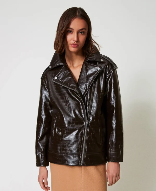 blouson_perfecto_avec_imp_6.webp Blousons Et Doudounes*TWINSET Milano Blouson Perfecto Avec Imprimé Animalier Marron « Molè »