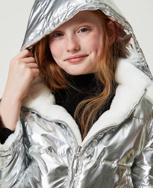 Blousons Et Manteaux*TWINSET Milano Blouson Réversible En Fausse Fourrure Bicolore Blanc Cassé/Argent Métallisé