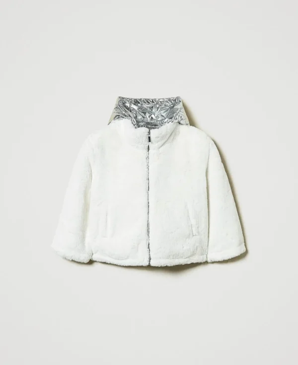 Blousons Et Manteaux*TWINSET Milano Blouson Réversible En Fausse Fourrure Bicolore Blanc Cassé/Argent Métallisé