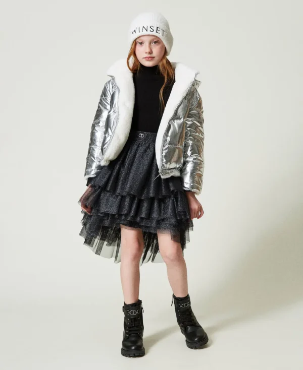Blousons Et Manteaux*TWINSET Milano Blouson Réversible En Fausse Fourrure Bicolore Blanc Cassé/Argent Métallisé