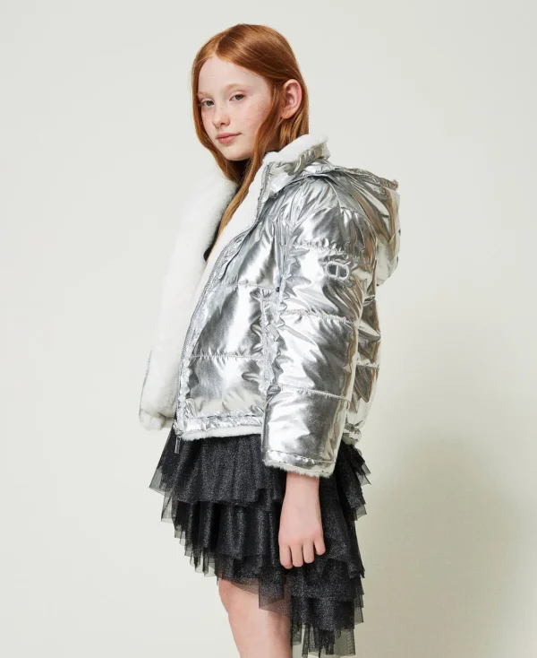 Blousons Et Manteaux*TWINSET Milano Blouson Réversible En Fausse Fourrure Bicolore Blanc Cassé/Argent Métallisé