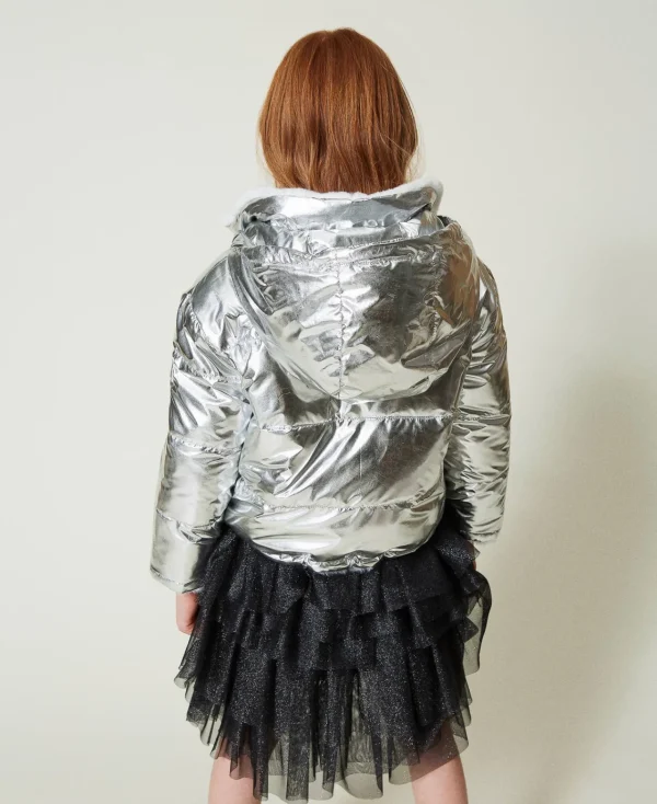 Blousons Et Manteaux*TWINSET Milano Blouson Réversible En Fausse Fourrure Bicolore Blanc Cassé/Argent Métallisé