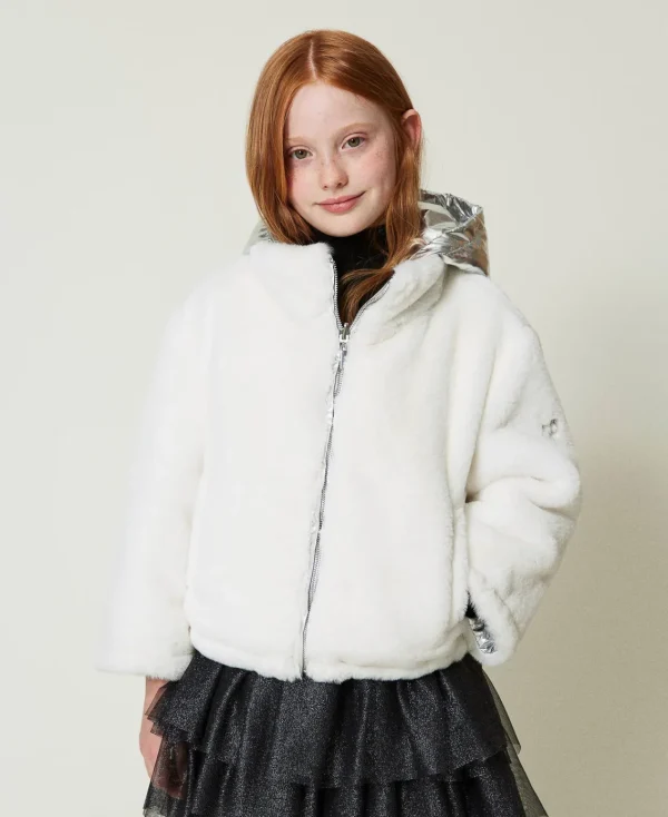 Blousons Et Manteaux*TWINSET Milano Blouson Réversible En Fausse Fourrure Bicolore Blanc Cassé/Argent Métallisé