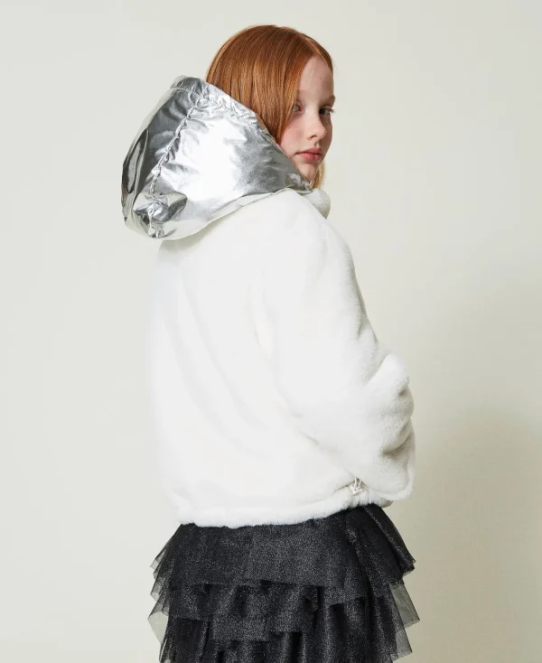 Blousons Et Manteaux*TWINSET Milano Blouson Réversible En Fausse Fourrure Bicolore Blanc Cassé/Argent Métallisé
