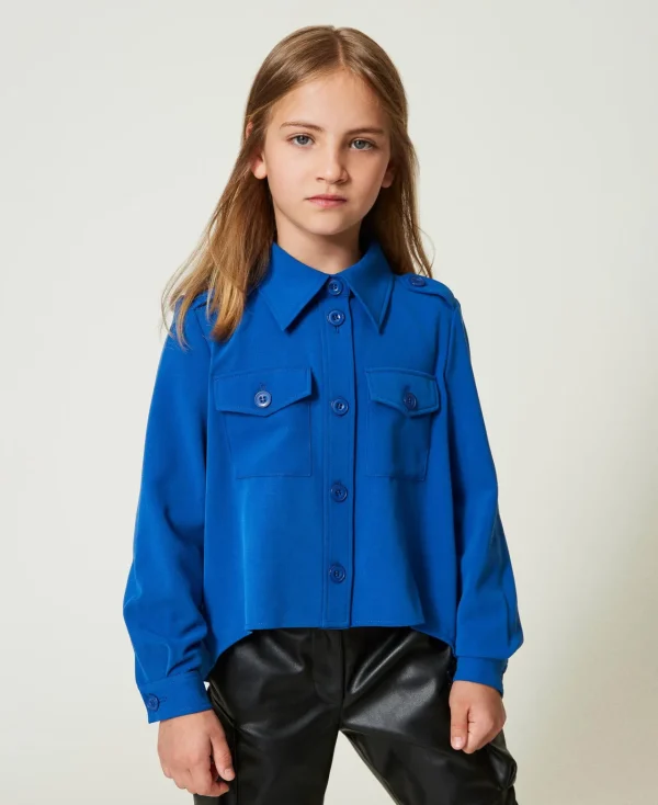 blouson_surchemise_en_fla_2.webp Blousons Et Manteaux | Blouses Et Chemises*TWINSET Milano Blouson Surchemise En Flanelle Bleu « Surf »