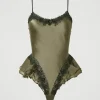 Sous-Vêtements Et Vêtements De Nuit*TWINSET Milano Body En Soie Avec Macramé Et Strass Bicolore Green Moss/Blackout