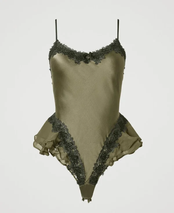 Sous-Vêtements Et Vêtements De Nuit*TWINSET Milano Body En Soie Avec Macramé Et Strass Bicolore Green Moss/Blackout