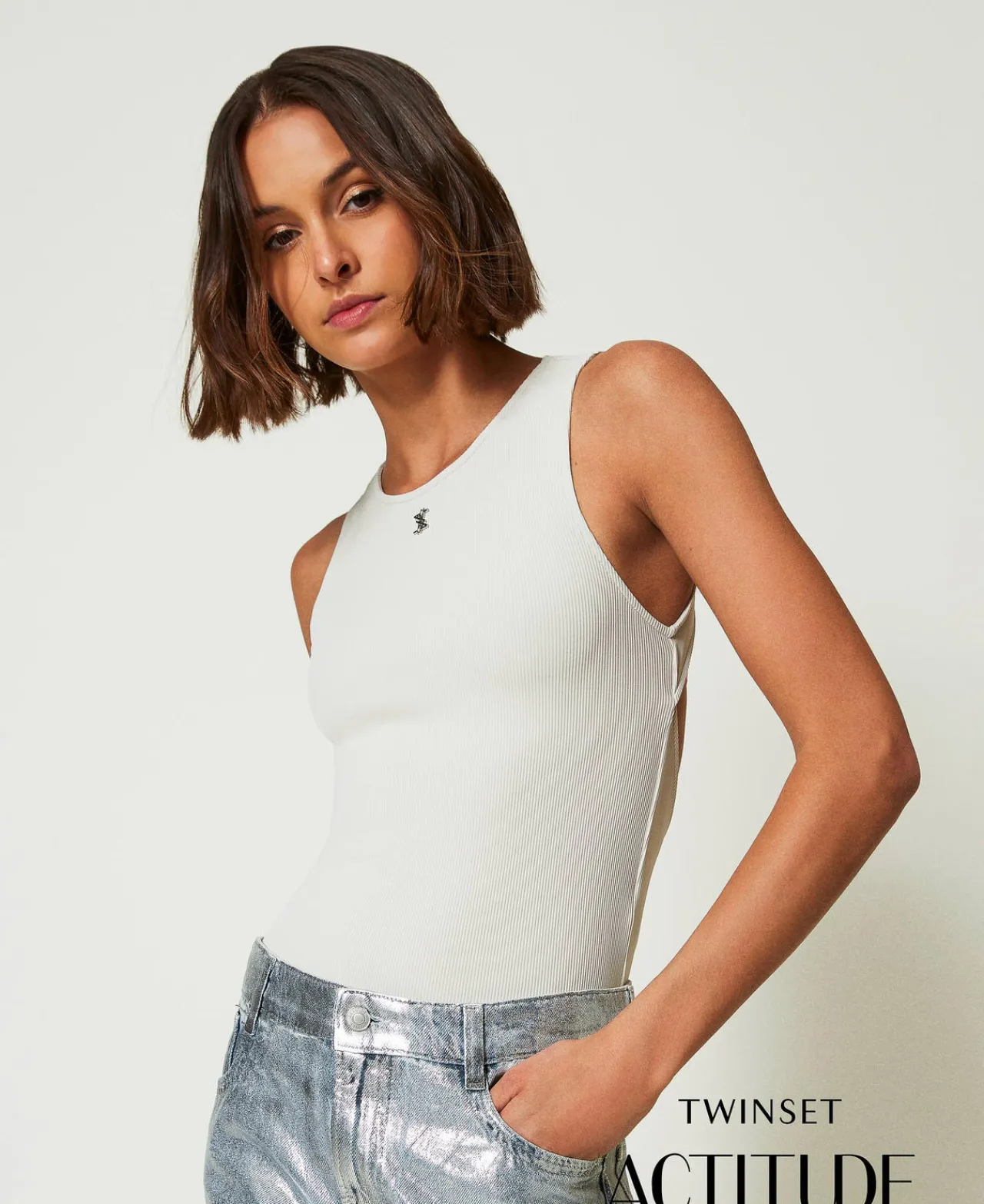 T-Shirts Et Tops*TWINSET Milano Body MYFO Côtelé Avec Logo Blanc Neige