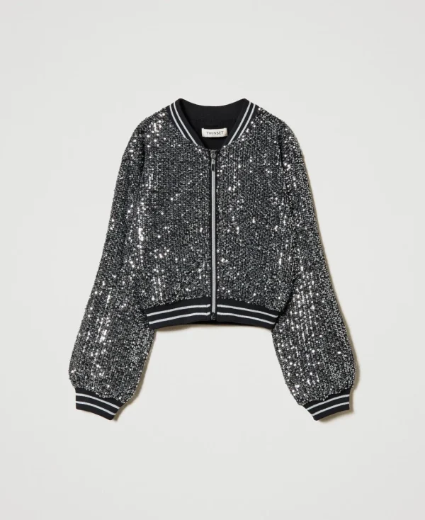 Blousons Et Manteaux*TWINSET Milano Bomber Avec Sequins All-over Canon de Fusil Métallisé