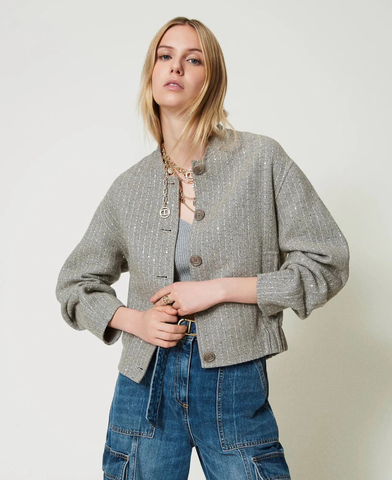 bomber_en_drap_double_ave_0.webp Blousons Et Doudounes*TWINSET Milano Bomber En Drap Double Avec Sequins Double Rayure Gris Chiné