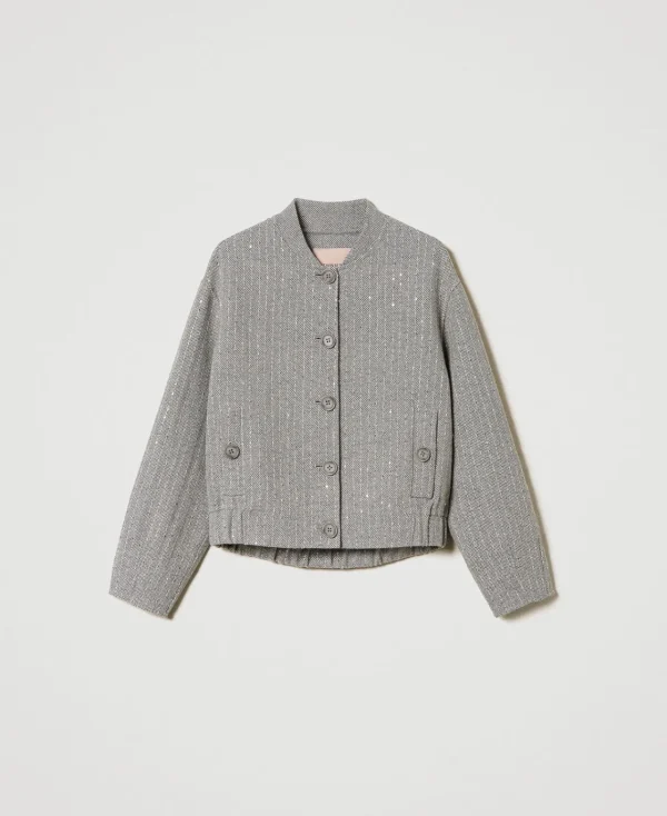 Blousons Et Doudounes*TWINSET Milano Bomber En Drap Double Avec Sequins Double Rayure Gris Chiné