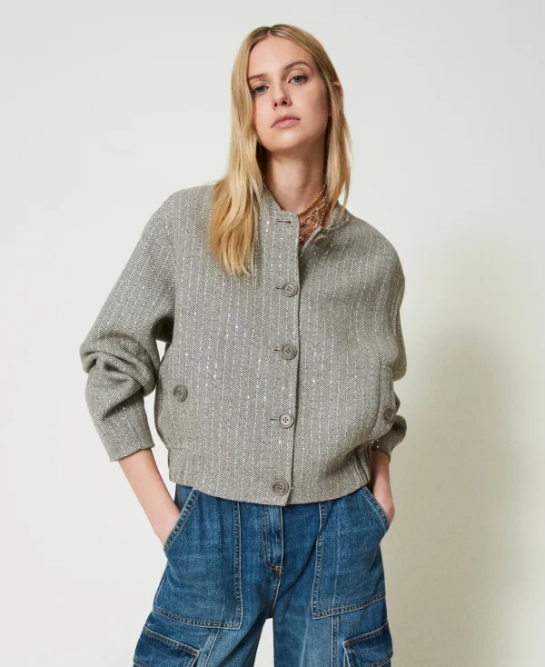 Blousons Et Doudounes*TWINSET Milano Bomber En Drap Double Avec Sequins Double Rayure Gris Chiné