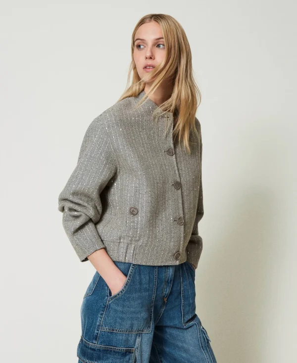 Blousons Et Doudounes*TWINSET Milano Bomber En Drap Double Avec Sequins Double Rayure Gris Chiné