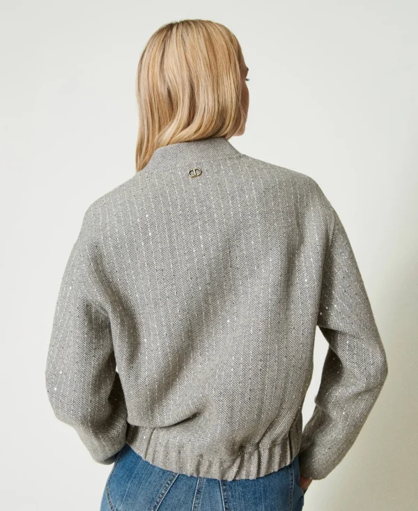 Blousons Et Doudounes*TWINSET Milano Bomber En Drap Double Avec Sequins Double Rayure Gris Chiné