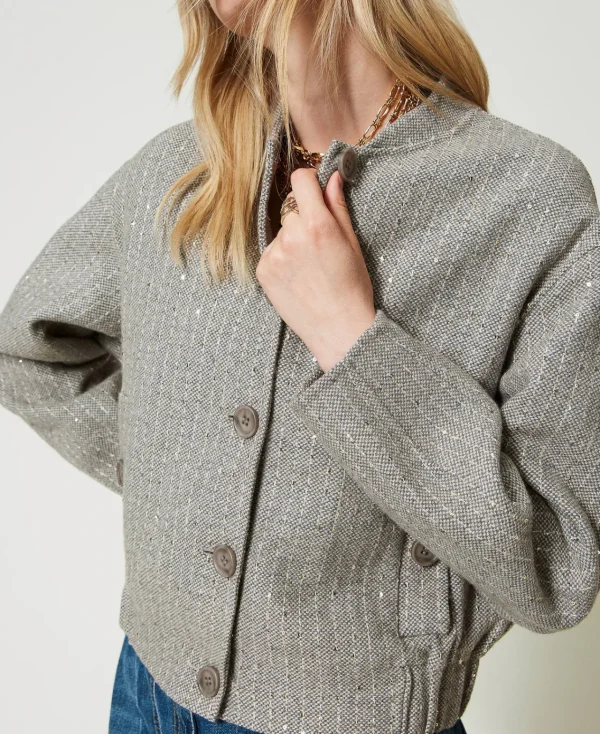 Blousons Et Doudounes*TWINSET Milano Bomber En Drap Double Avec Sequins Double Rayure Gris Chiné