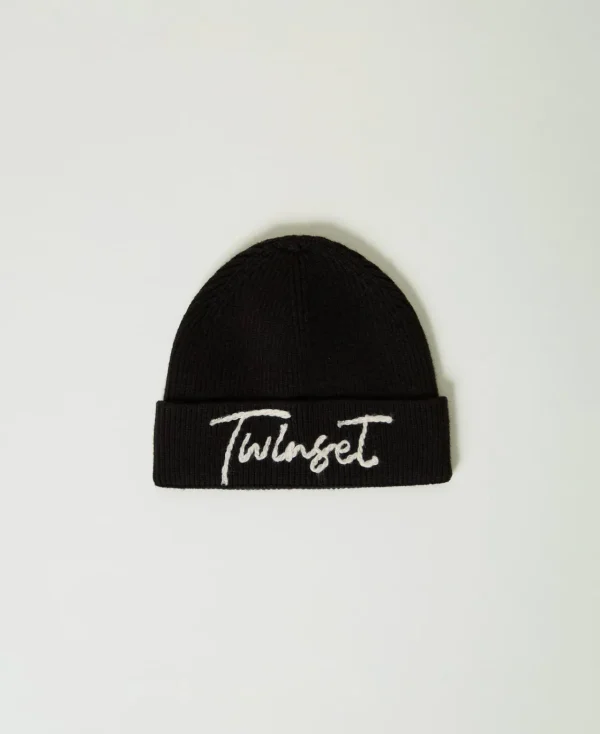 Chapeaux*TWINSET Milano Bonnet En Maille Avec Broderie Siglée Noir
