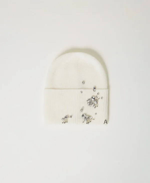 Chapeaux*TWINSET Milano Bonnet En Maille Avec Broderies Crème White