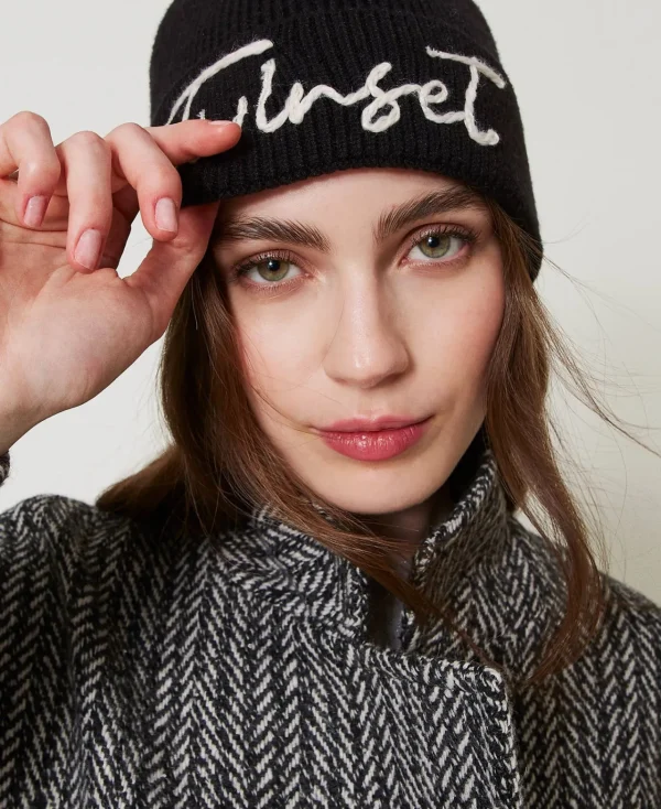 Chapeaux*TWINSET Milano Bonnet En Maille Avec Broderie Siglée Noir