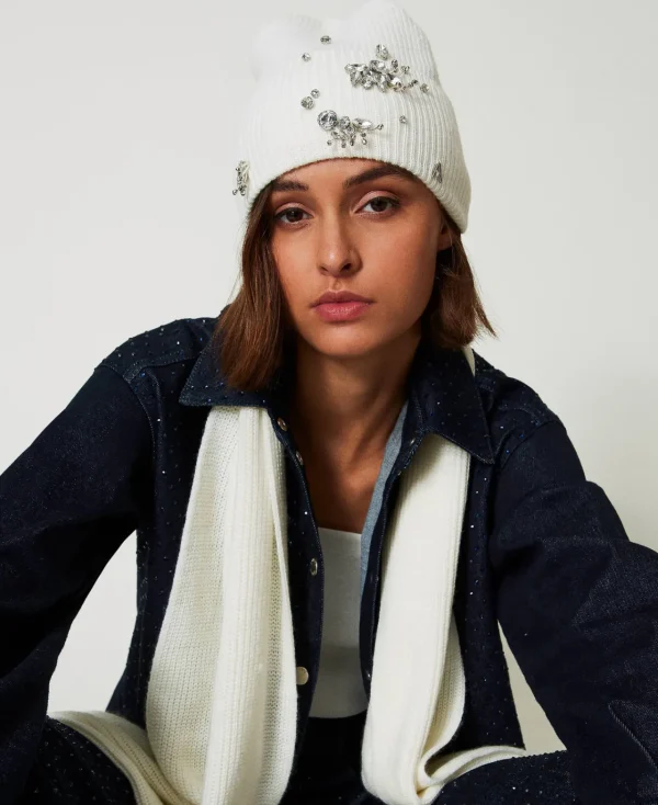 Chapeaux*TWINSET Milano Bonnet En Maille Avec Broderies Crème White