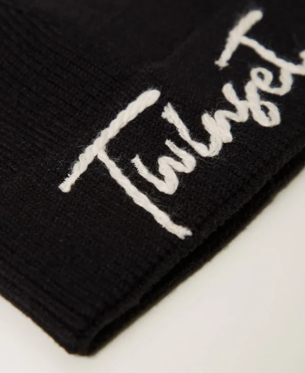 Chapeaux*TWINSET Milano Bonnet En Maille Avec Broderie Siglée Noir