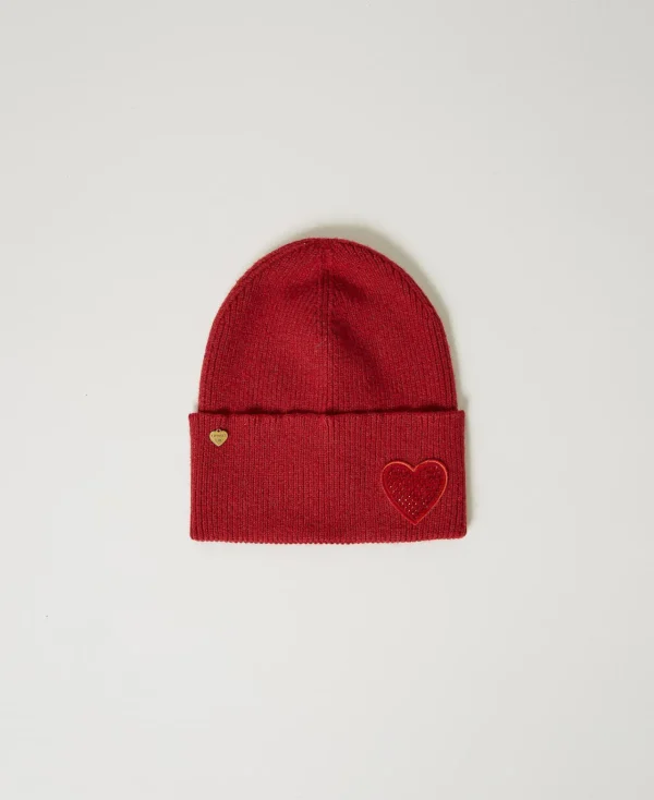 Chapeaux*TWINSET Milano Bonnet En Maille Avec Patch En Cœur Rouge Vénitien
