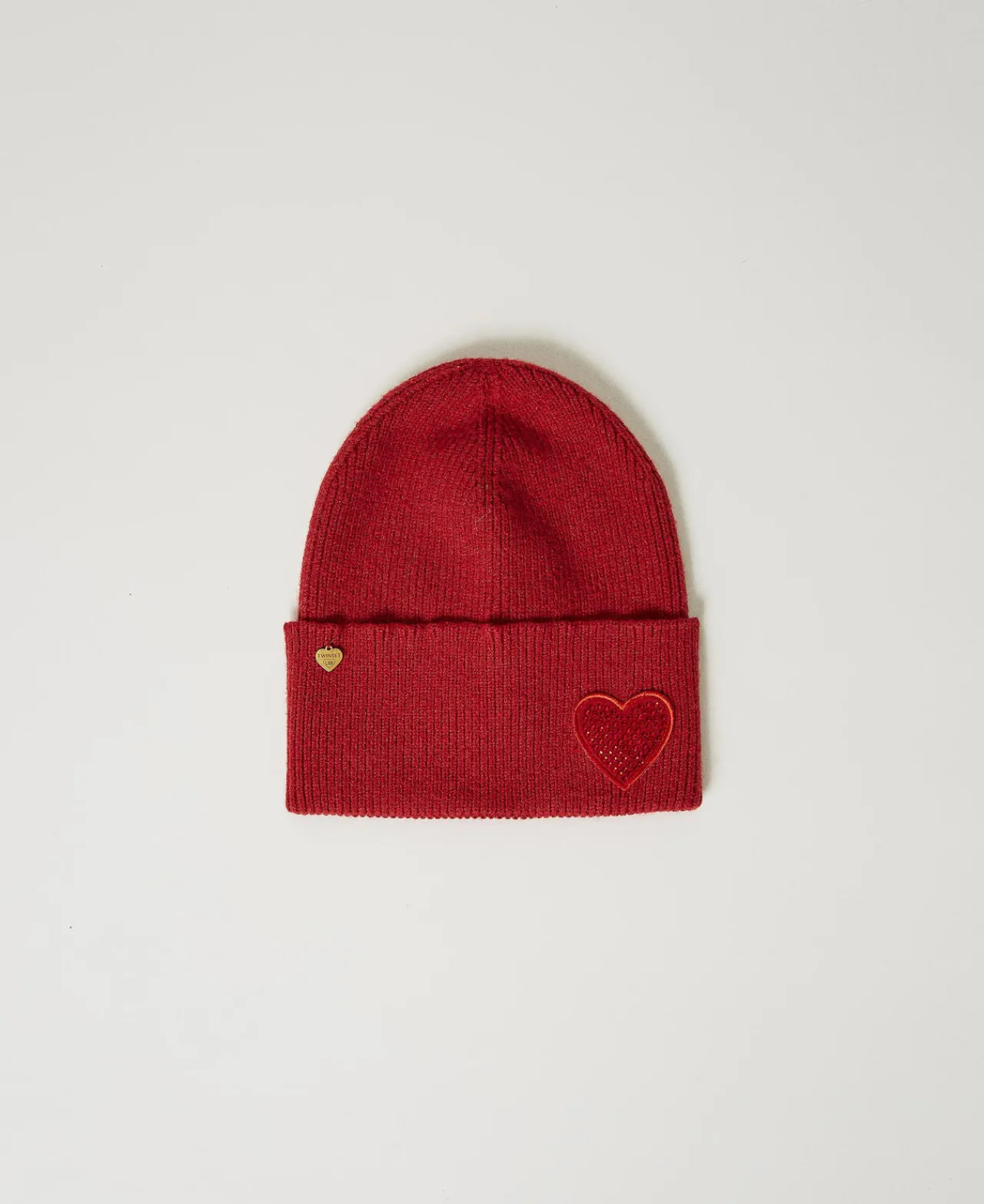 Chapeaux*TWINSET Milano Bonnet En Maille Avec Patch En Cœur Rouge Vénitien