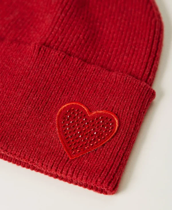Chapeaux*TWINSET Milano Bonnet En Maille Avec Patch En Cœur Rouge Vénitien
