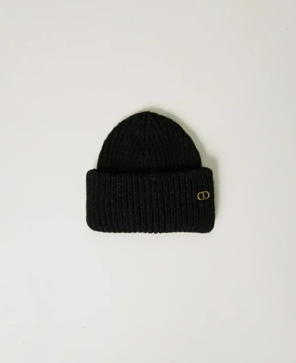 Chapeaux*TWINSET Milano Bonnet En Maille Côtelée Avec Oval T Noir