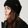 Chapeaux*TWINSET Milano Bonnet En Maille Côtelée Avec Oval T Noir