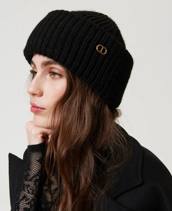 Chapeaux*TWINSET Milano Bonnet En Maille Côtelée Avec Oval T Noir