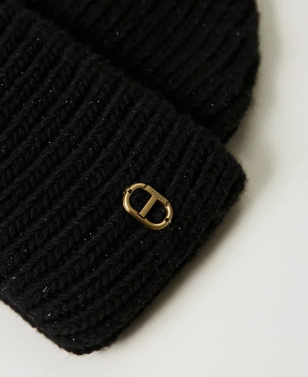 Chapeaux*TWINSET Milano Bonnet En Maille Côtelée Avec Oval T Noir