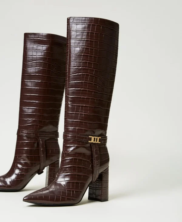 bottes__talons_avec_impri_2.webp Chaussures À Talons | Bottes Et Bottines*TWINSET Milano Bottes à Talons Avec Imprimé Croco Coffee Chocolate