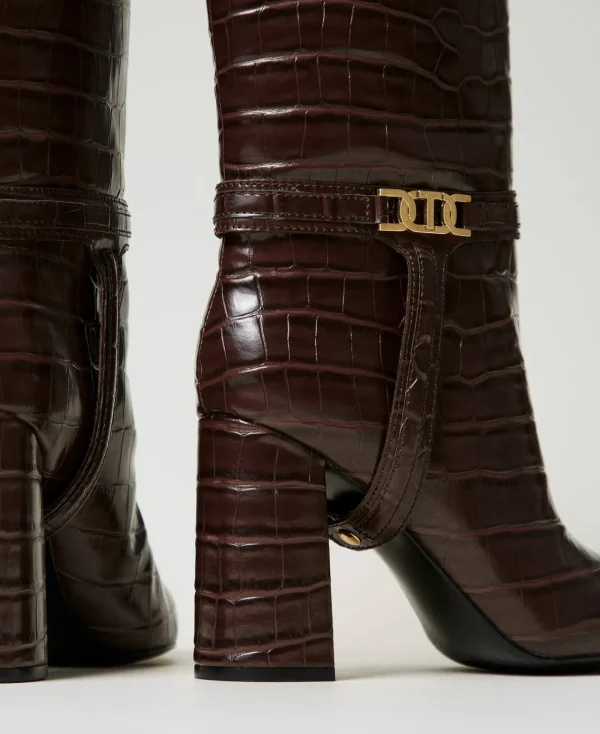 bottes__talons_avec_impri_3.webp Chaussures À Talons | Bottes Et Bottines*TWINSET Milano Bottes à Talons Avec Imprimé Croco Coffee Chocolate