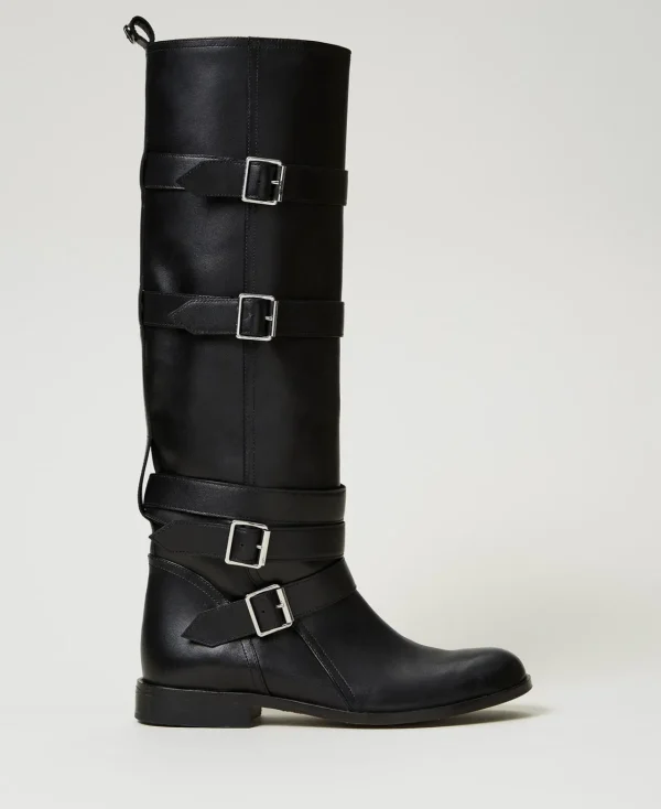 bottes_en_cuir_avec_bride_0.webp Chaussures Plates | Bottes Et Bottines*TWINSET Milano Bottes En Cuir Avec Brides Noir