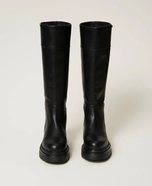 bottes_montantes_avec_tiq_4.webp Chaussures Plates | Bottes Et Bottines*TWINSET Milano Bottes Montantes Avec étiquette Siglée Noir