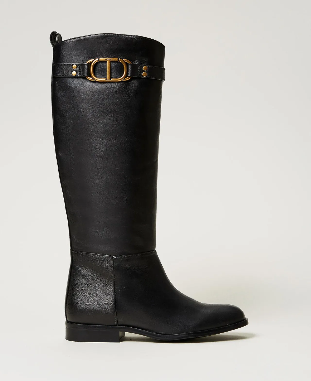 Chaussures Plates | Bottes Et Bottines*TWINSET Milano Bottes Montantes En Cuir Avec Oval T Noir