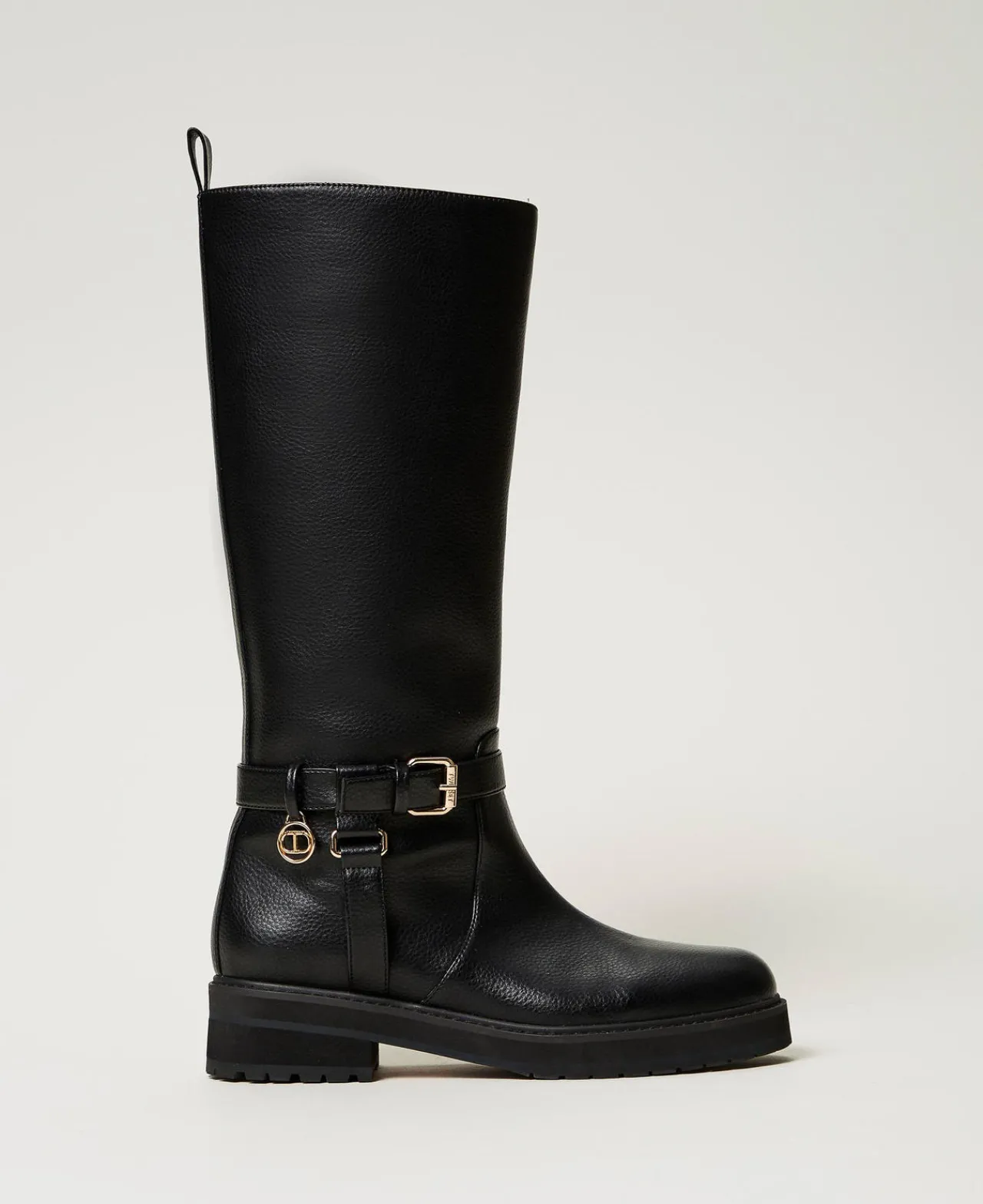 Chaussures Plates | Bottes Et Bottines*TWINSET Milano Bottes Motardes En Cuir Avec Oval T Noir
