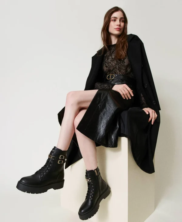 Bottines Motardes | Chaussures Plates*TWINSET Milano Bottines Motardes Avec Boucles Et Barrette Oval T Noir
