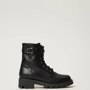 Chaussures*TWINSET Milano Bottines Motardes En Cuir Avec Bride Noir