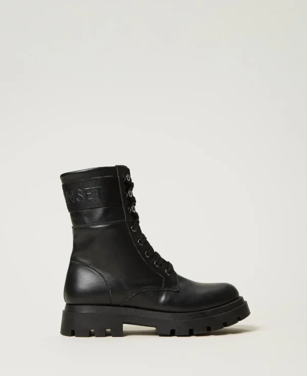 Chaussures*TWINSET Milano Bottines Motardes En Cuir Avec Logo Noir