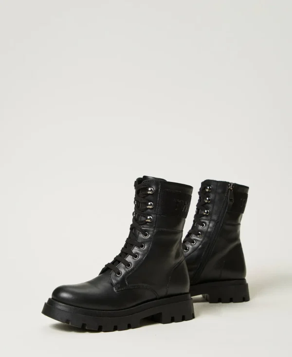 Chaussures*TWINSET Milano Bottines Motardes En Cuir Avec Logo Noir